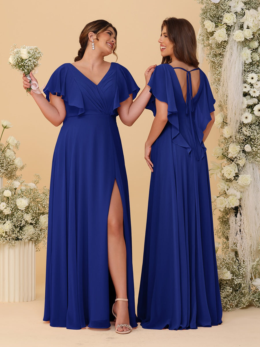 A-Line/Princess V-Neck Short Sleeves Floor-Length Ruched Bridesmaid Dresses With Side Slit Dark Royal Blue