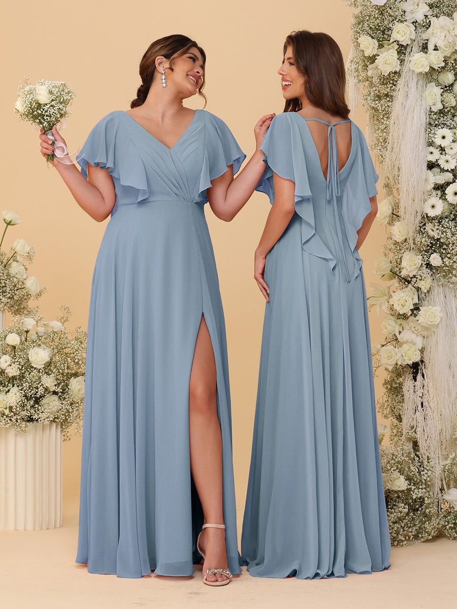 A-Line/Princess V-Neck Short Sleeves Floor-Length Ruched Bridesmaid Dresses With Side Slit Dusty Blue