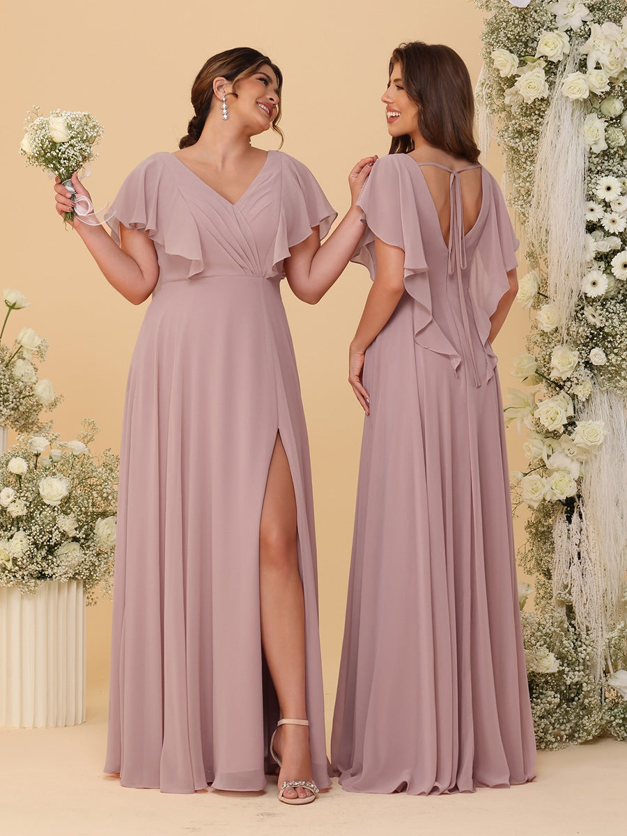 A-Line/Princess V-Neck Short Sleeves Floor-Length Ruched Bridesmaid Dresses With Side Slit Dusty Pink