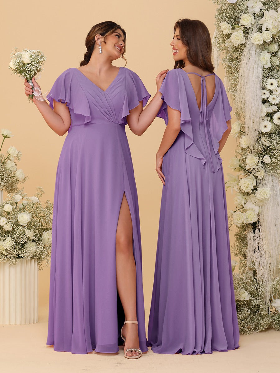 A-Line/Princess V-Neck Short Sleeves Floor-Length Ruched Bridesmaid Dresses With Side Slit Dusty Purple