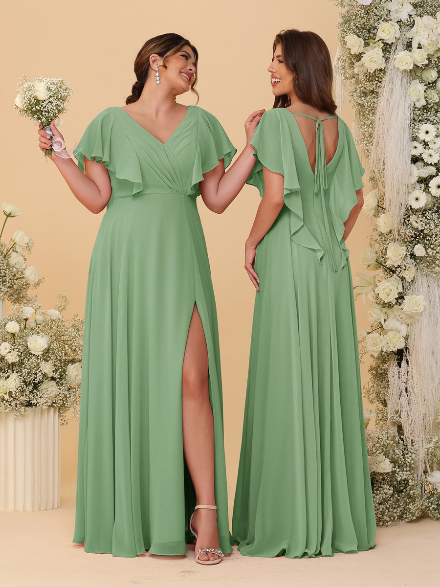 A-Line/Princess V-Neck Short Sleeves Floor-Length Ruched Bridesmaid Dresses With Side Slit Dusty Sage