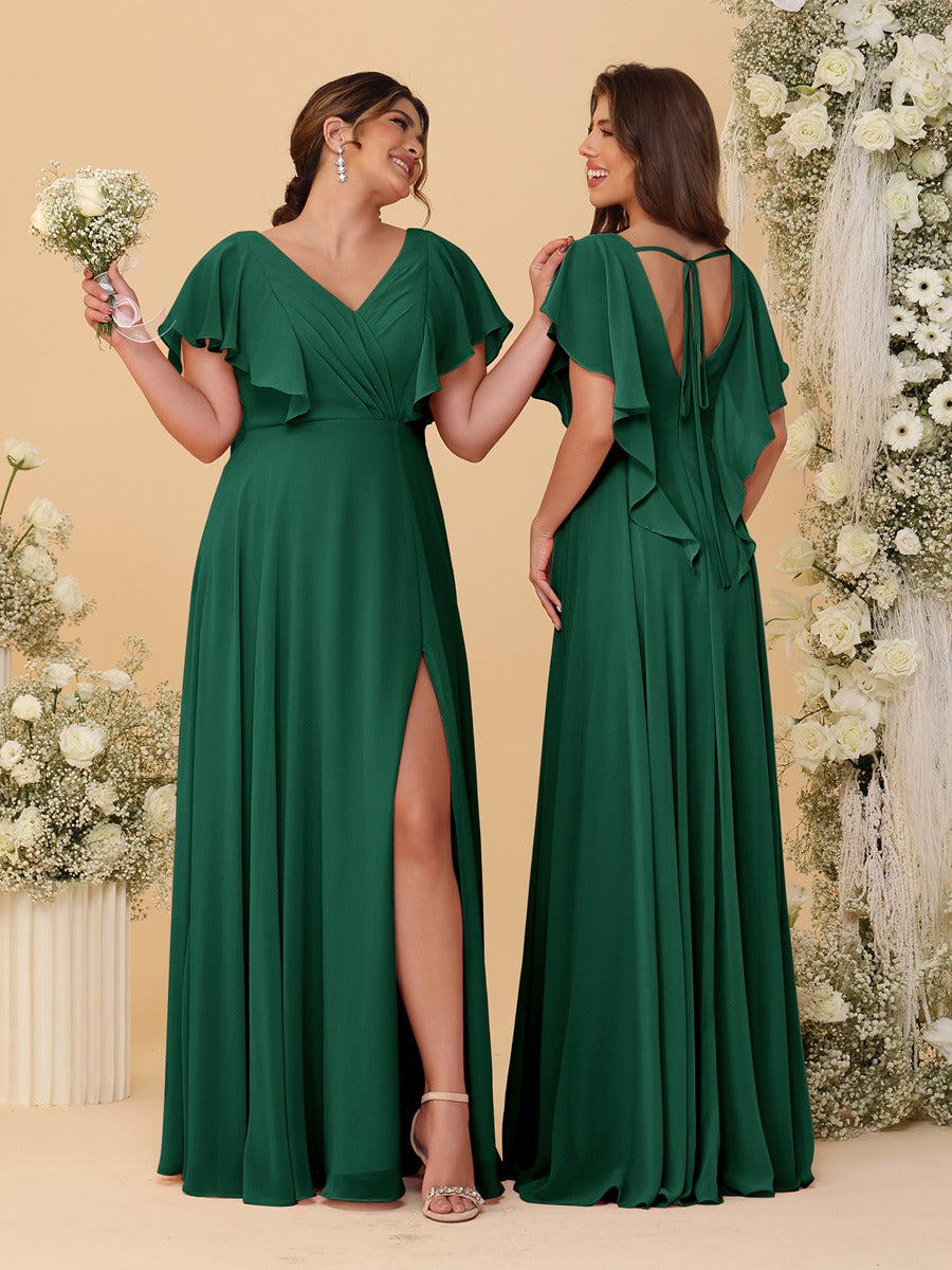 A-Line/Princess V-Neck Short Sleeves Floor-Length Ruched Bridesmaid Dresses With Side Slit Emerald