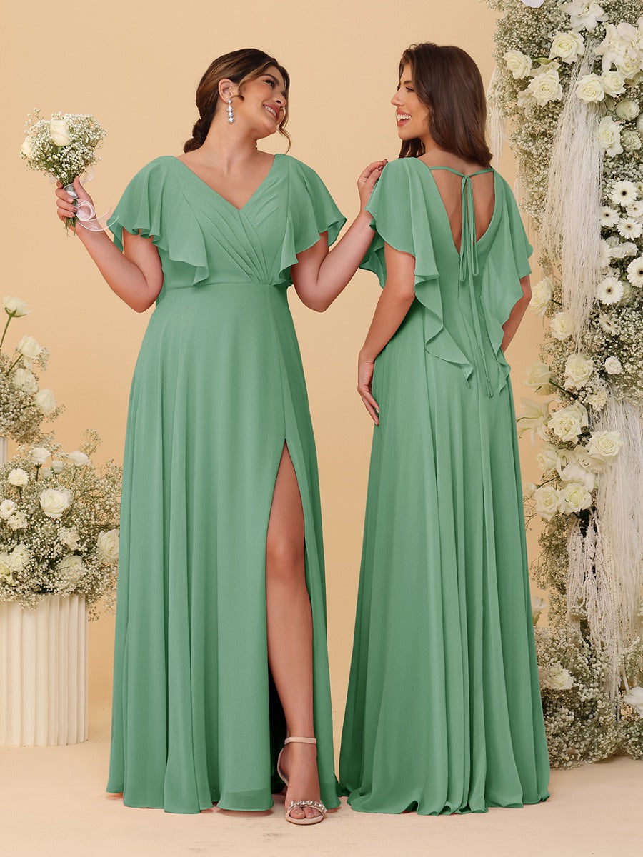 A-Line/Princess V-Neck Short Sleeves Floor-Length Ruched Bridesmaid Dresses With Side Slit Eucalyptus