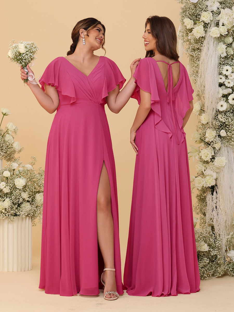 A-Line/Princess V-Neck Short Sleeves Floor-Length Ruched Bridesmaid Dresses With Side Slit Fuchsia
