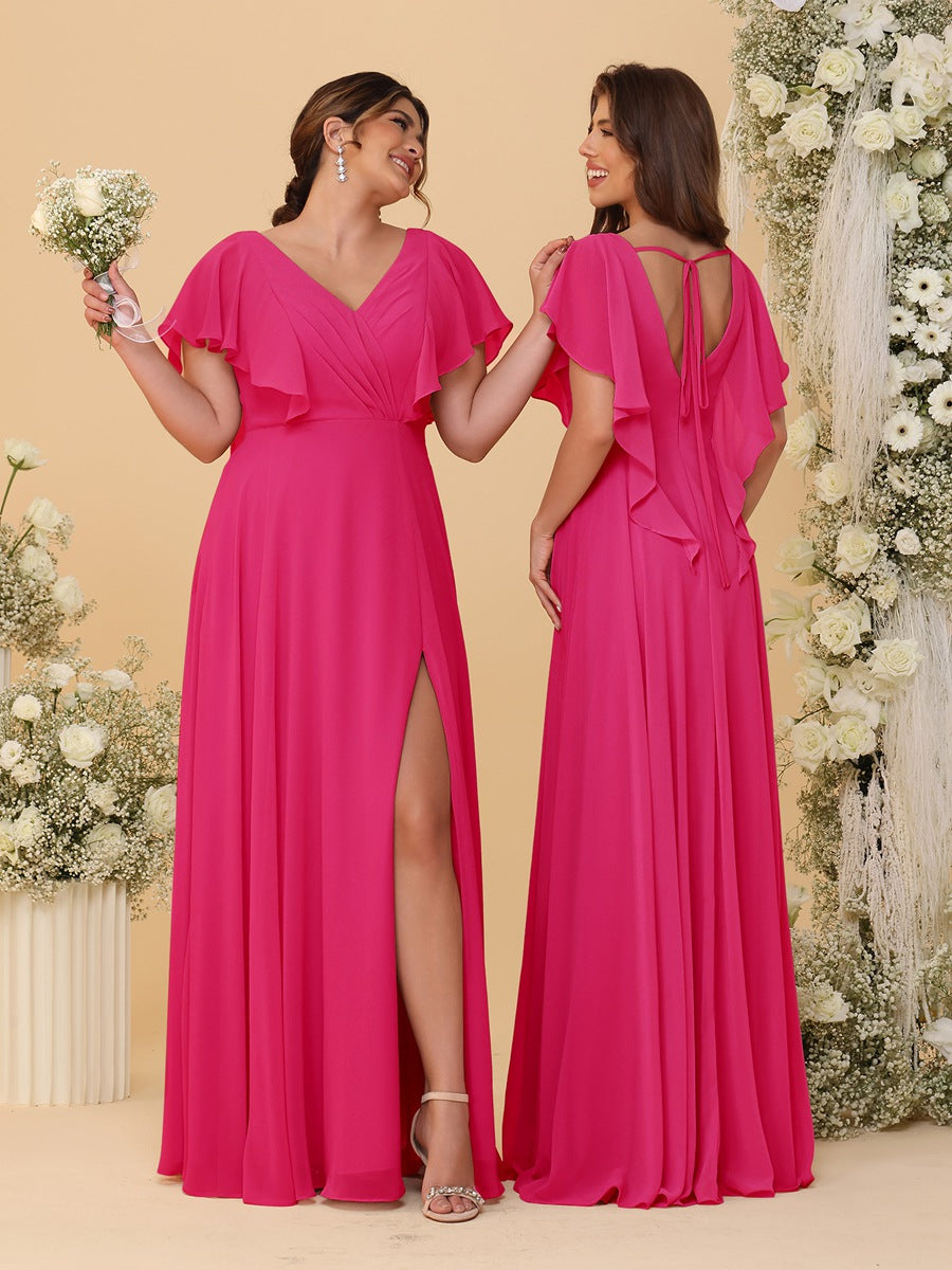 A-Line/Princess V-Neck Short Sleeves Floor-Length Ruched Bridesmaid Dresses With Side Slit Fuchsia Pink