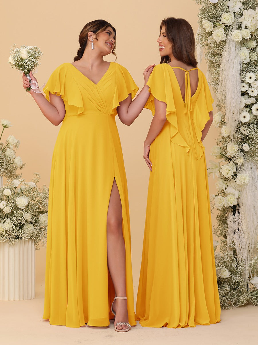 A-Line/Princess V-Neck Short Sleeves Floor-Length Ruched Bridesmaid Dresses With Side Slit Gold