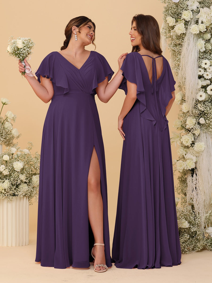 A-Line/Princess V-Neck Short Sleeves Floor-Length Ruched Bridesmaid Dresses With Side Slit Grape