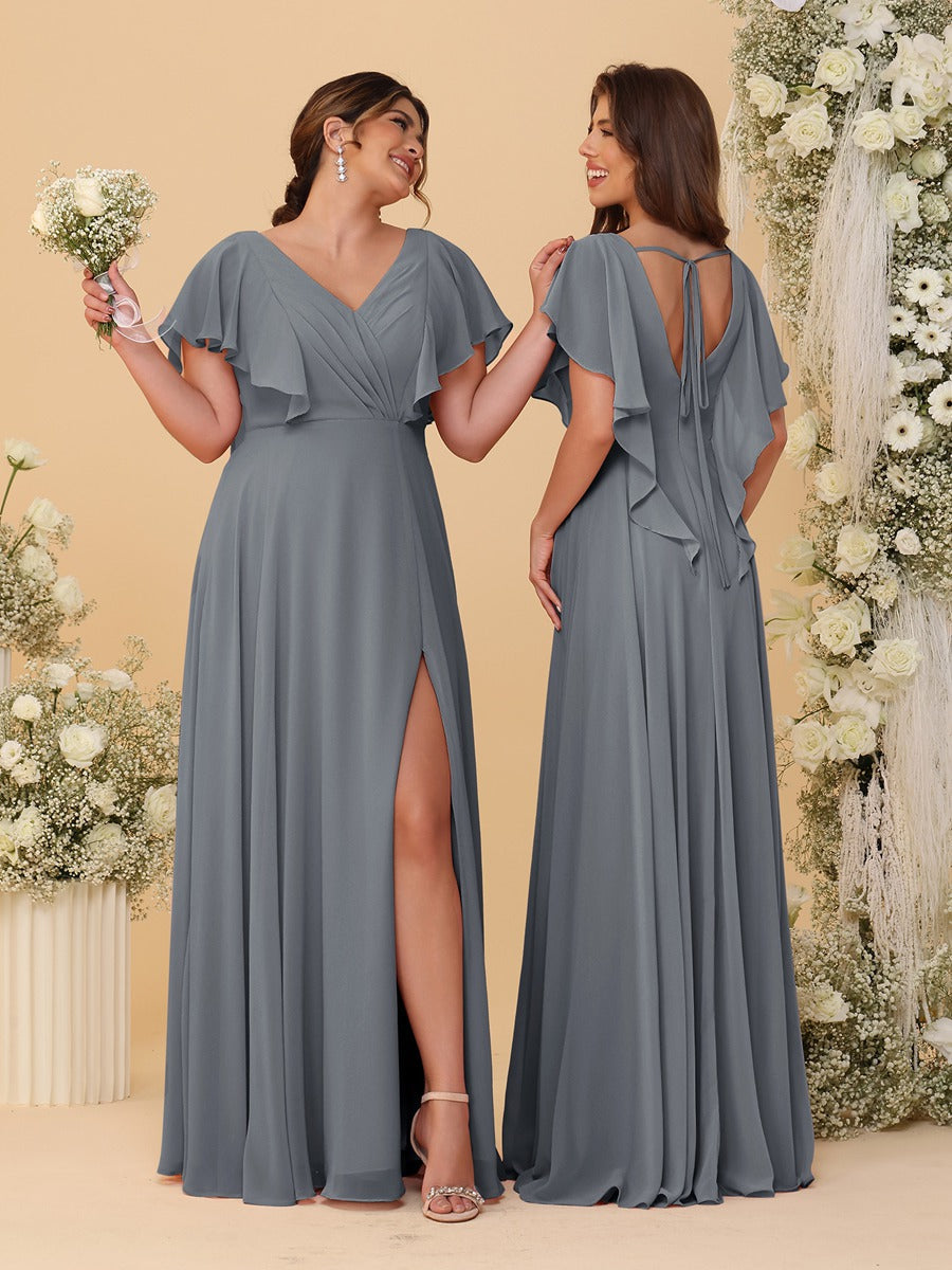 A-Line/Princess V-Neck Short Sleeves Floor-Length Ruched Bridesmaid Dresses With Side Slit Gray