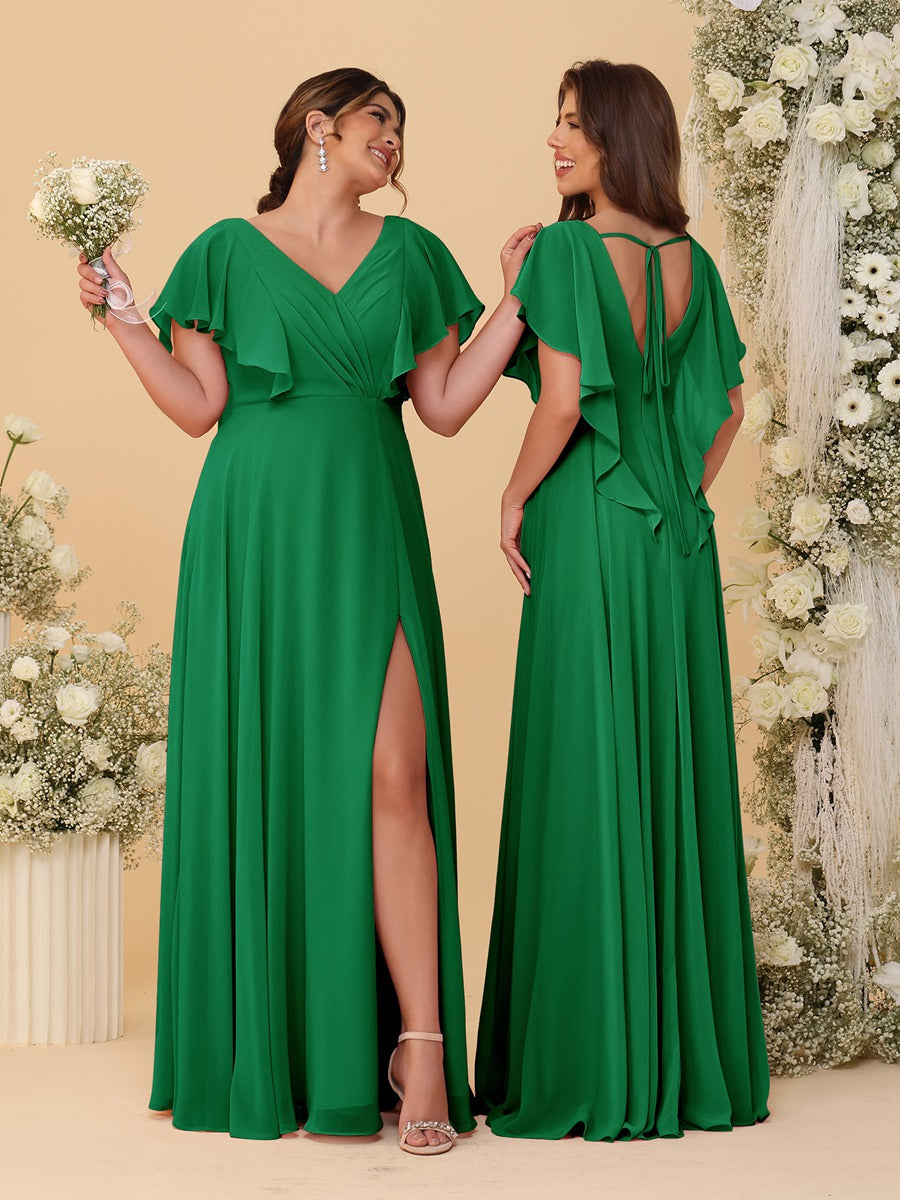 A-Line/Princess V-Neck Short Sleeves Floor-Length Ruched Bridesmaid Dresses With Side Slit Green