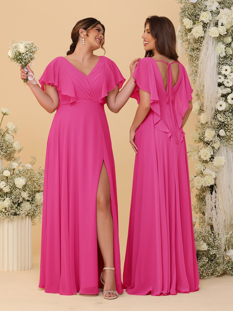A-Line/Princess V-Neck Short Sleeves Floor-Length Ruched Bridesmaid Dresses With Side Slit Hot Pink