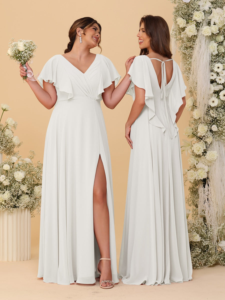 A-Line/Princess V-Neck Short Sleeves Floor-Length Ruched Bridesmaid Dresses With Side Slit Ivory