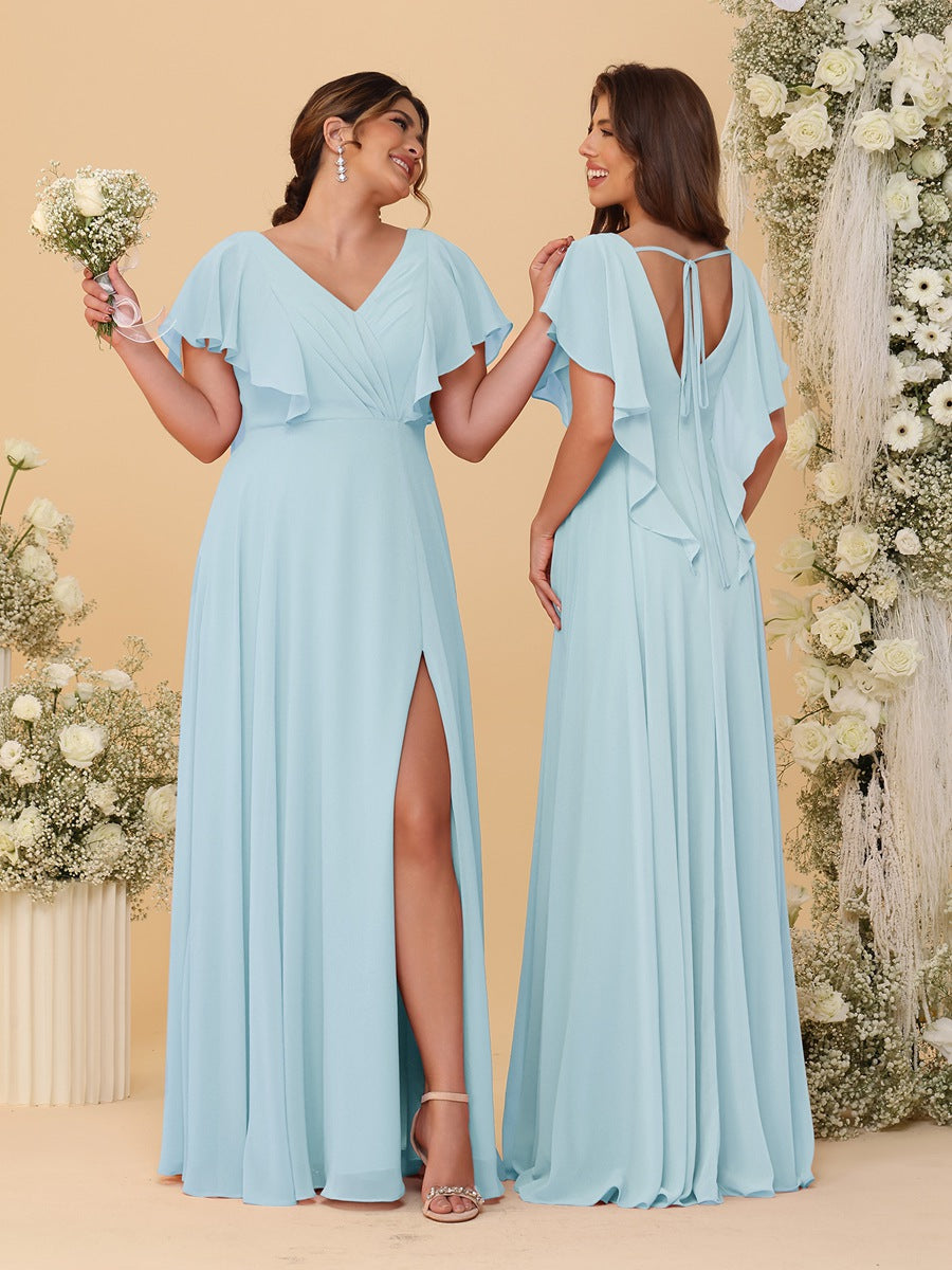 A-Line/Princess V-Neck Short Sleeves Floor-Length Ruched Bridesmaid Dresses With Side Slit Light Blue
