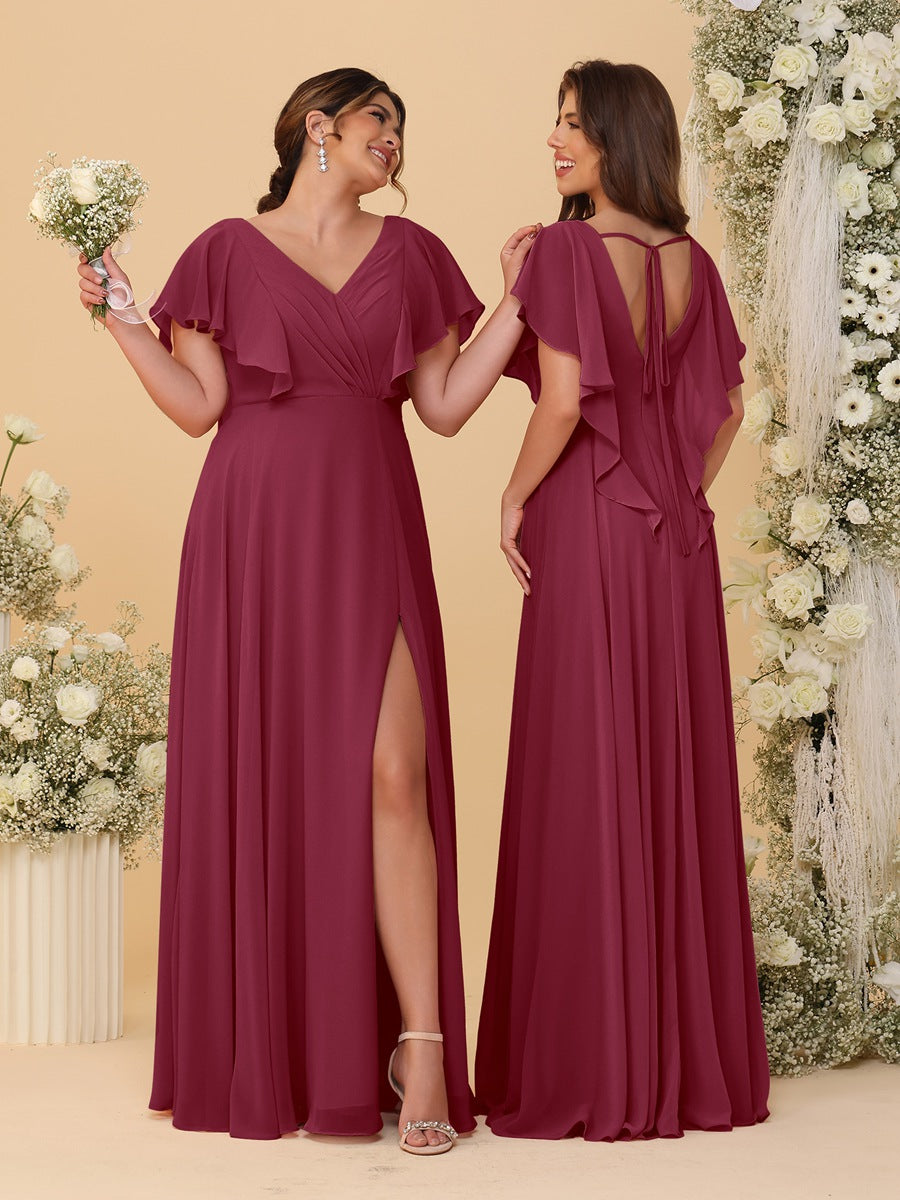 A-Line/Princess V-Neck Short Sleeves Floor-Length Ruched Bridesmaid Dresses With Side Slit Light Burgundy
