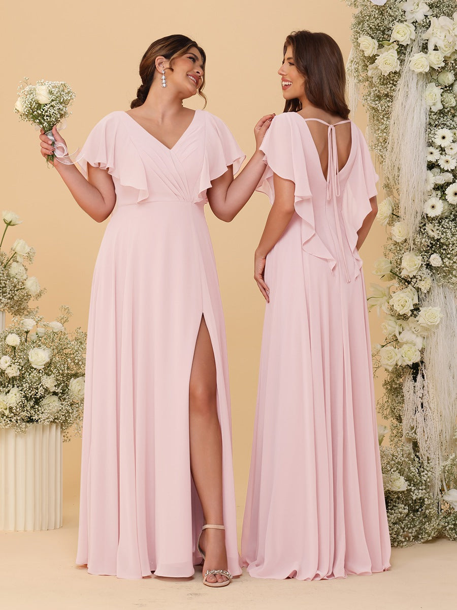 A-Line/Princess V-Neck Short Sleeves Floor-Length Ruched Bridesmaid Dresses With Side Slit Light Pink