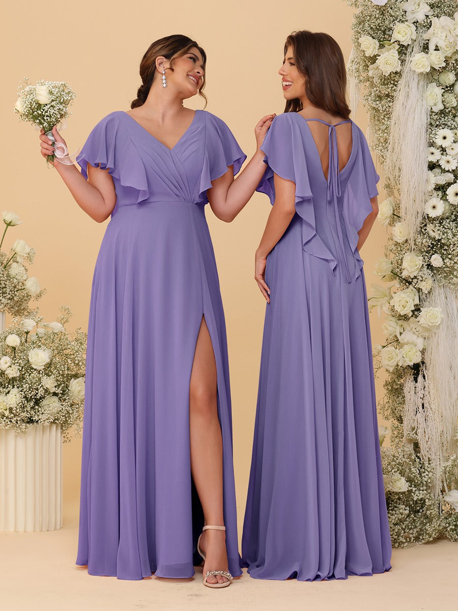A-Line/Princess V-Neck Short Sleeves Floor-Length Ruched Bridesmaid Dresses With Side Slit Light Purple