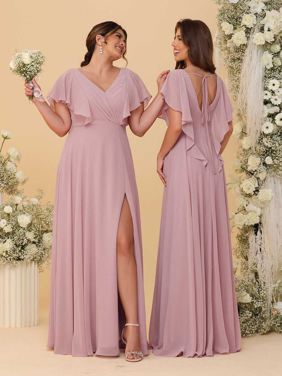 A-Line/Princess V-Neck Short Sleeves Floor-Length Ruched Bridesmaid Dresses With Side Slit Mauve