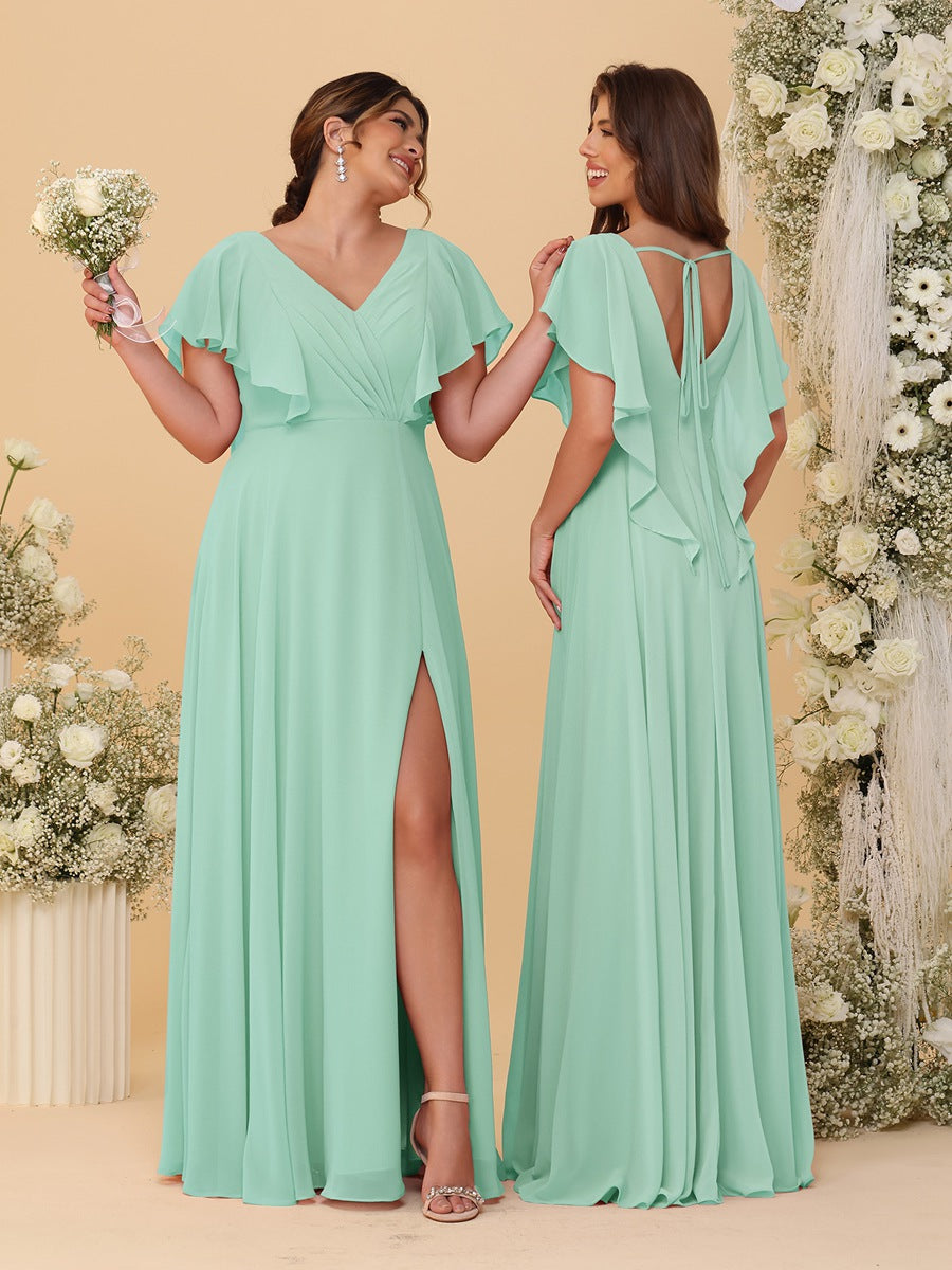 A-Line/Princess V-Neck Short Sleeves Floor-Length Ruched Bridesmaid Dresses With Side Slit Mint Green