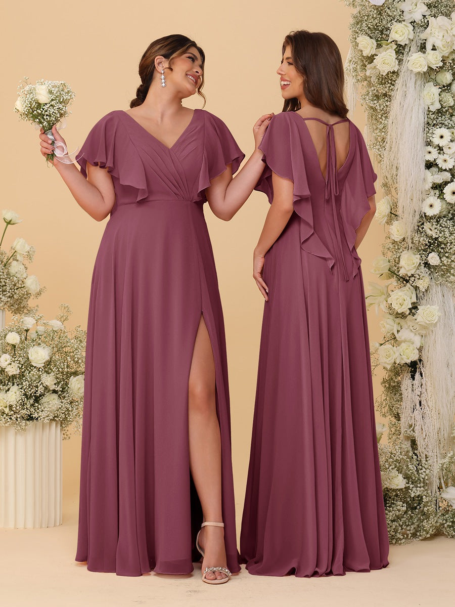 A-Line/Princess V-Neck Short Sleeves Floor-Length Ruched Bridesmaid Dresses With Side Slit Mulberry