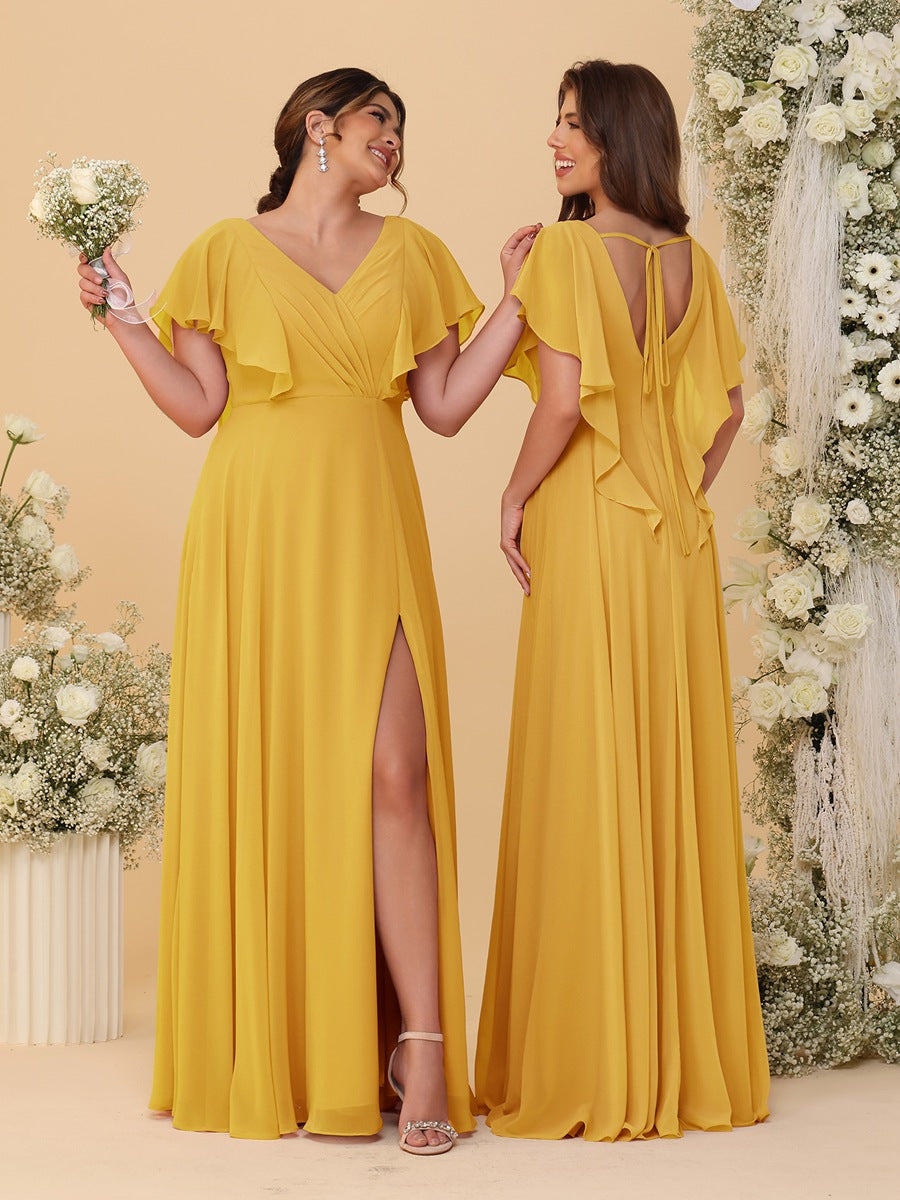 A-Line/Princess V-Neck Short Sleeves Floor-Length Ruched Bridesmaid Dresses With Side Slit Mustard Yellow