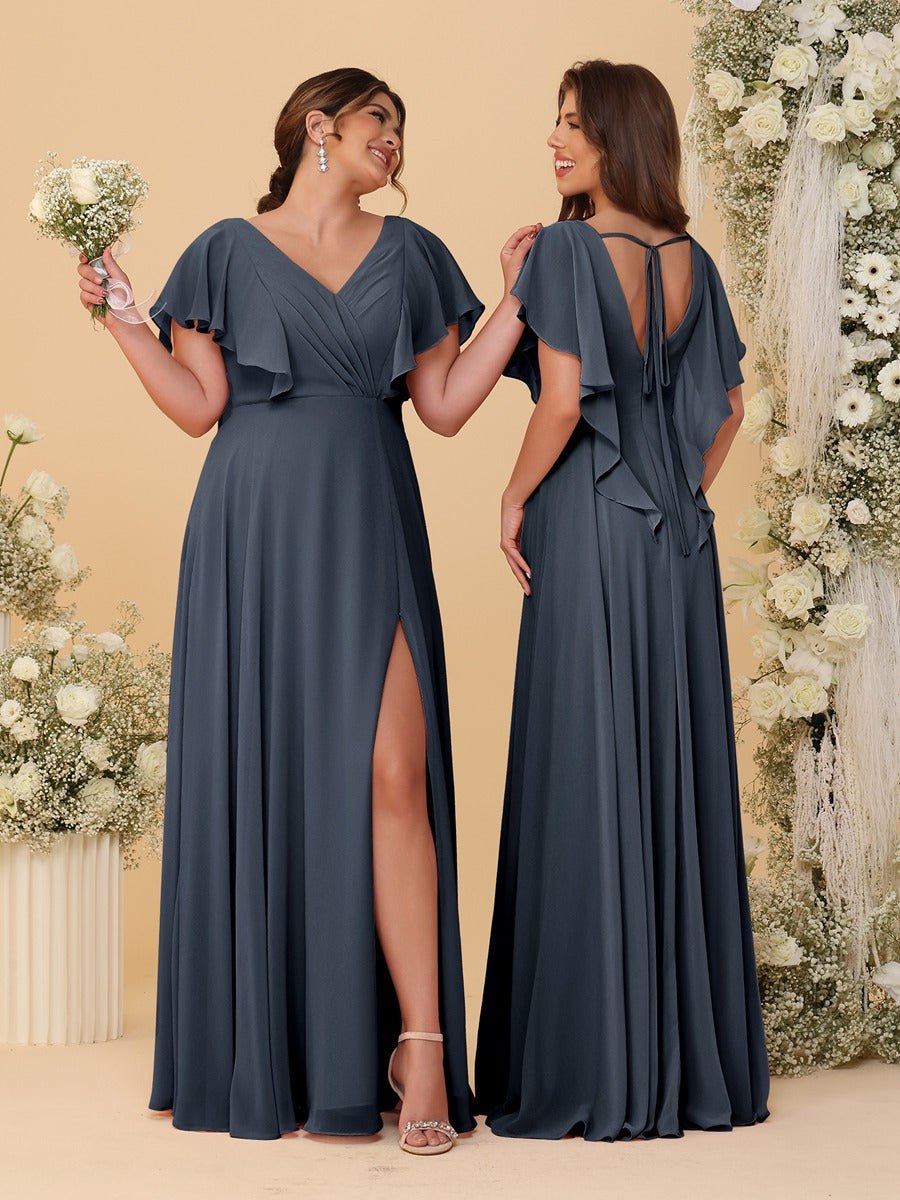 A-Line/Princess V-Neck Short Sleeves Floor-Length Ruched Bridesmaid Dresses With Side Slit Navy Blue