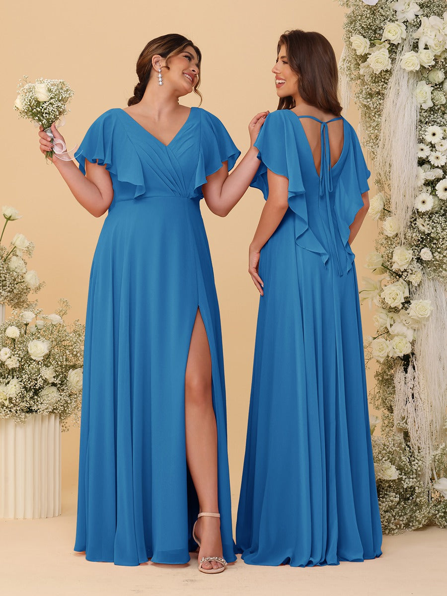 A-Line/Princess V-Neck Short Sleeves Floor-Length Ruched Bridesmaid Dresses With Side Slit Ocean Blue