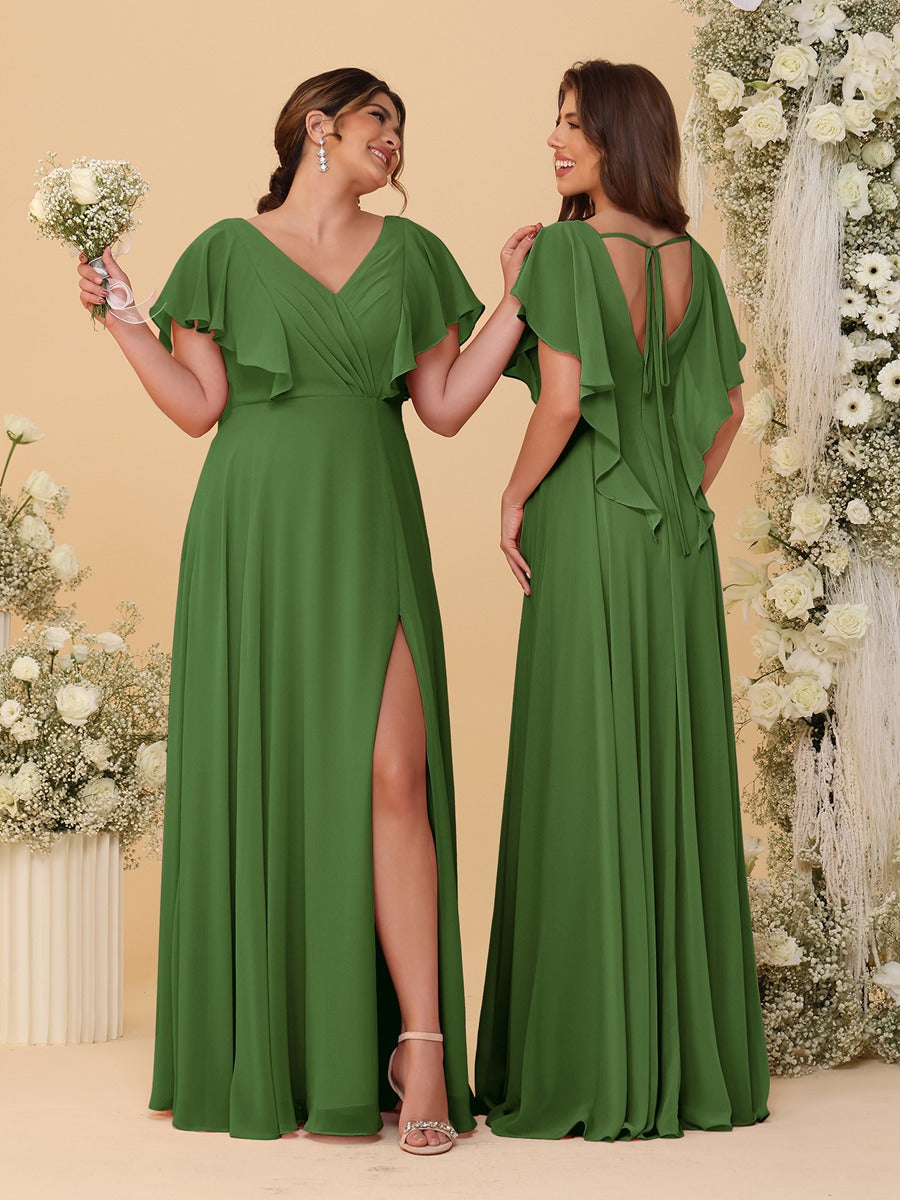 A-Line/Princess V-Neck Short Sleeves Floor-Length Ruched Bridesmaid Dresses With Side Slit Olive Green