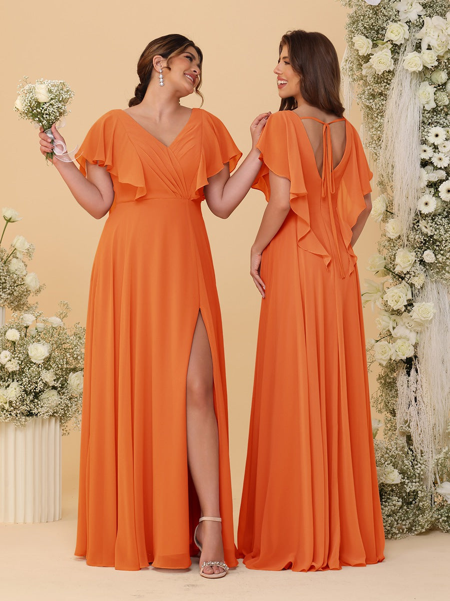 A-Line/Princess V-Neck Short Sleeves Floor-Length Ruched Bridesmaid Dresses With Side Slit Orange