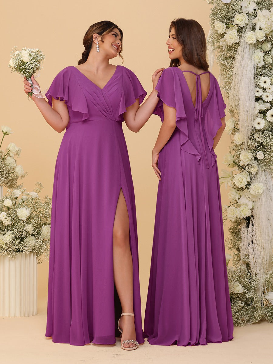 A-Line/Princess V-Neck Short Sleeves Floor-Length Ruched Bridesmaid Dresses With Side Slit Orchid