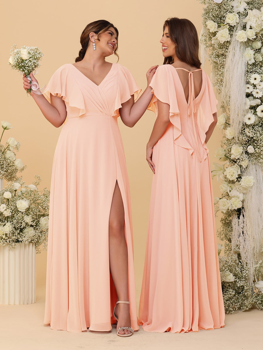A-Line/Princess V-Neck Short Sleeves Floor-Length Ruched Bridesmaid Dresses With Side Slit Peach Pink