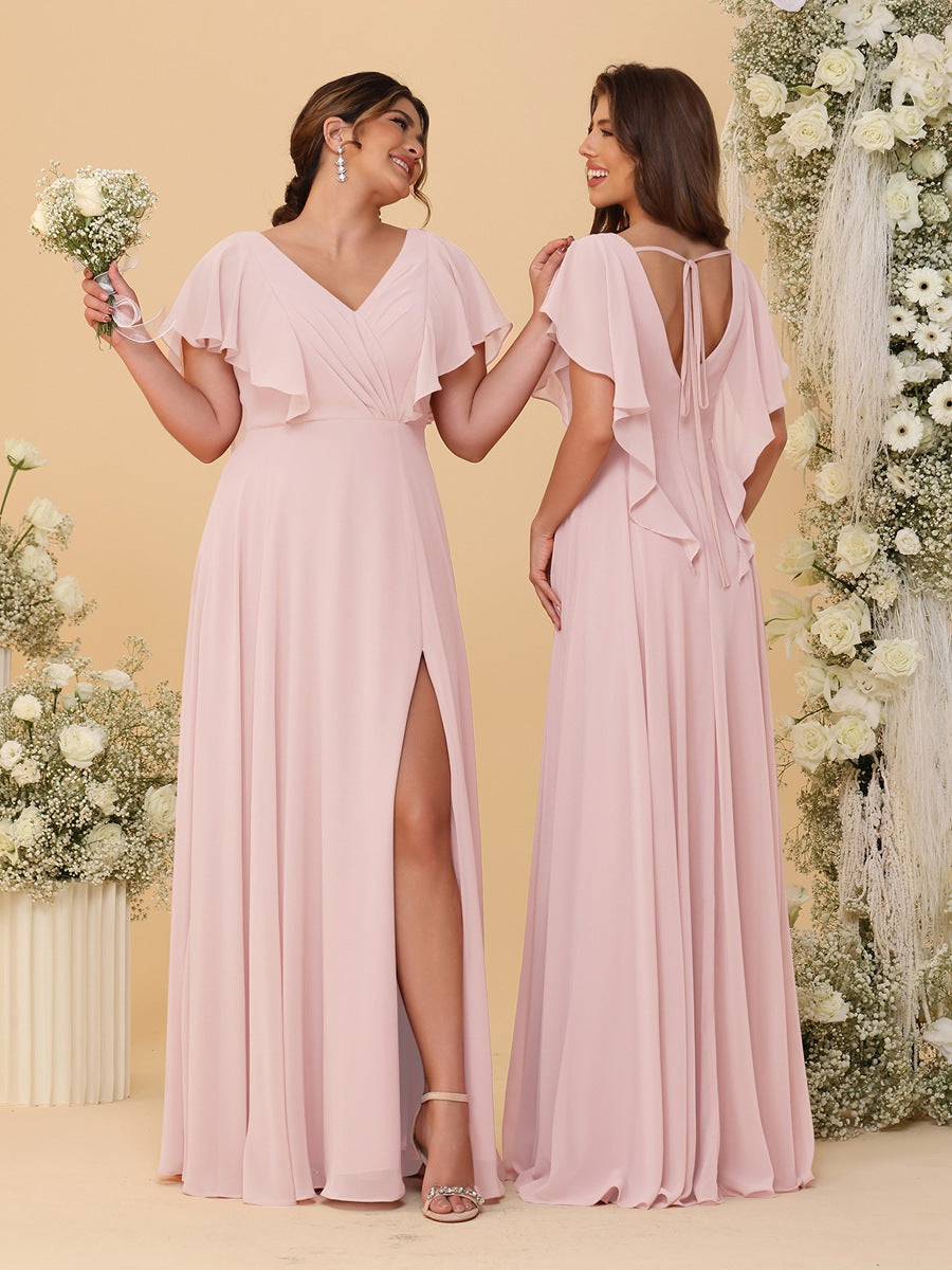 A-Line/Princess V-Neck Short Sleeves Floor-Length Ruched Bridesmaid Dresses With Side Slit Pearl Pink