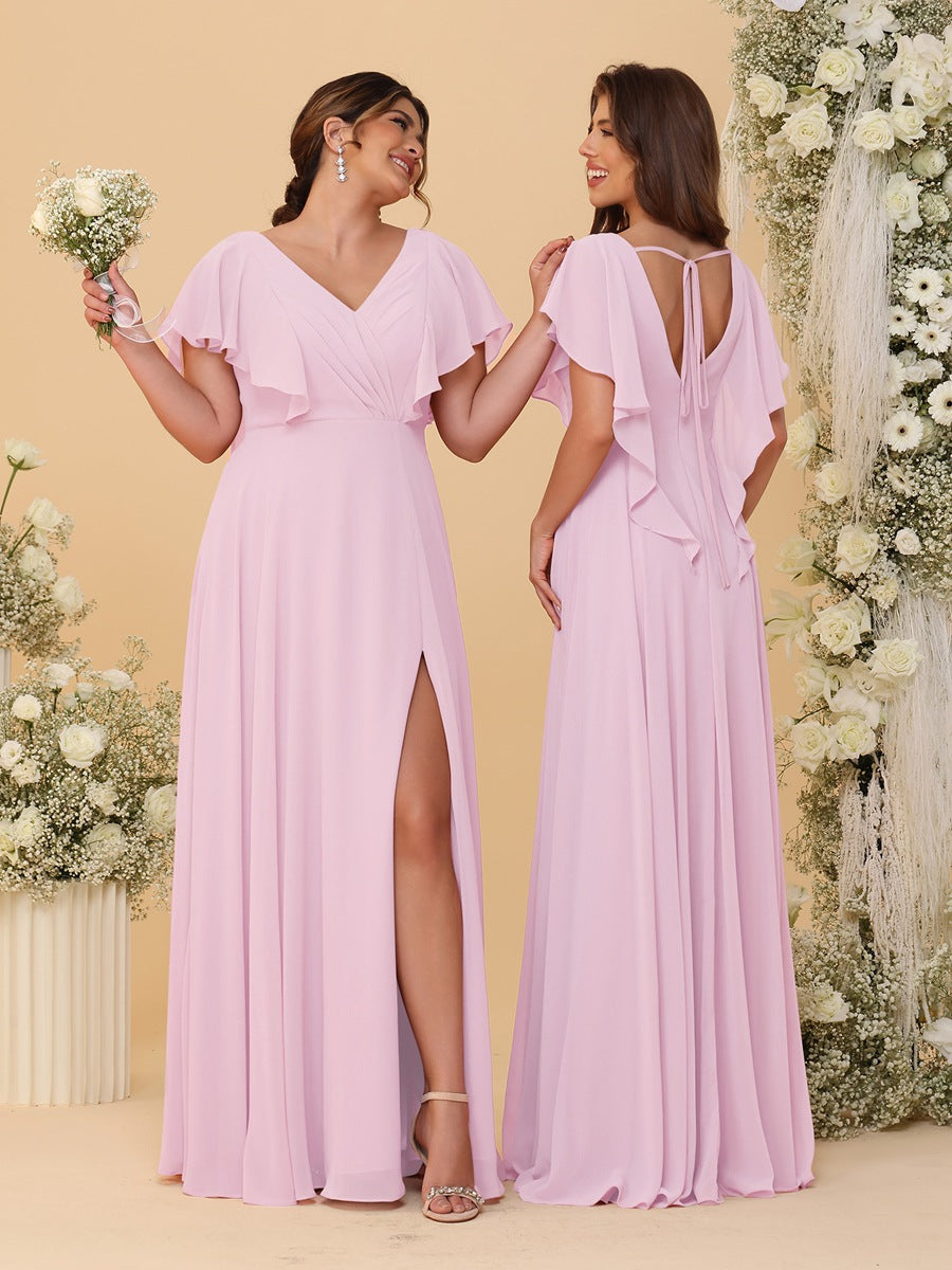 A-Line/Princess V-Neck Short Sleeves Floor-Length Ruched Bridesmaid Dresses With Side Slit Pink
