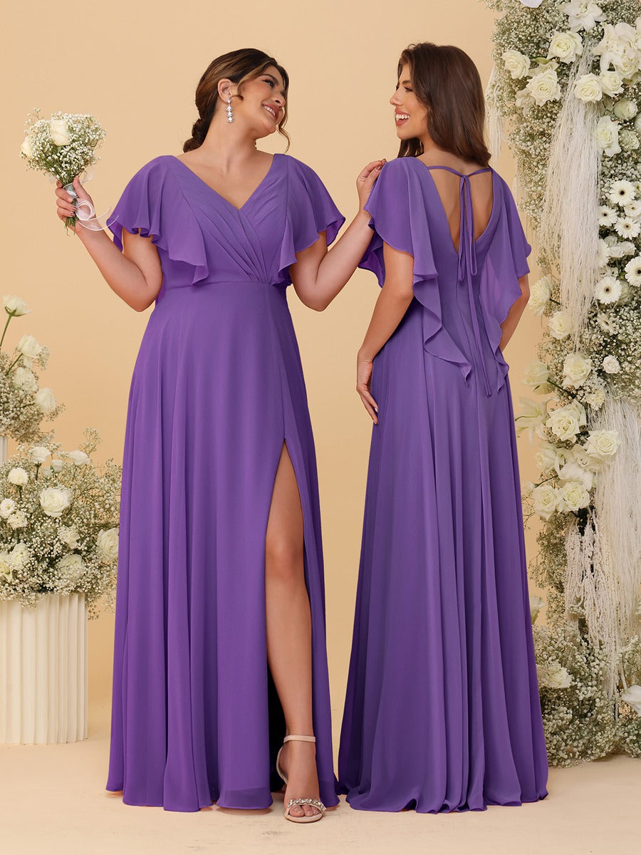 A-Line/Princess V-Neck Short Sleeves Floor-Length Ruched Bridesmaid Dresses With Side Slit Purple