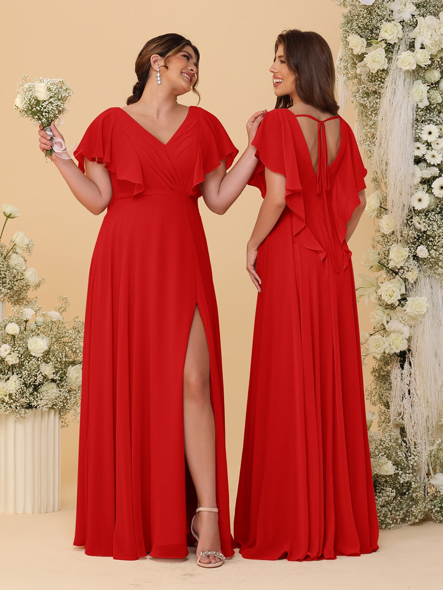 A-Line/Princess V-Neck Short Sleeves Floor-Length Ruched Bridesmaid Dresses With Side Slit Red