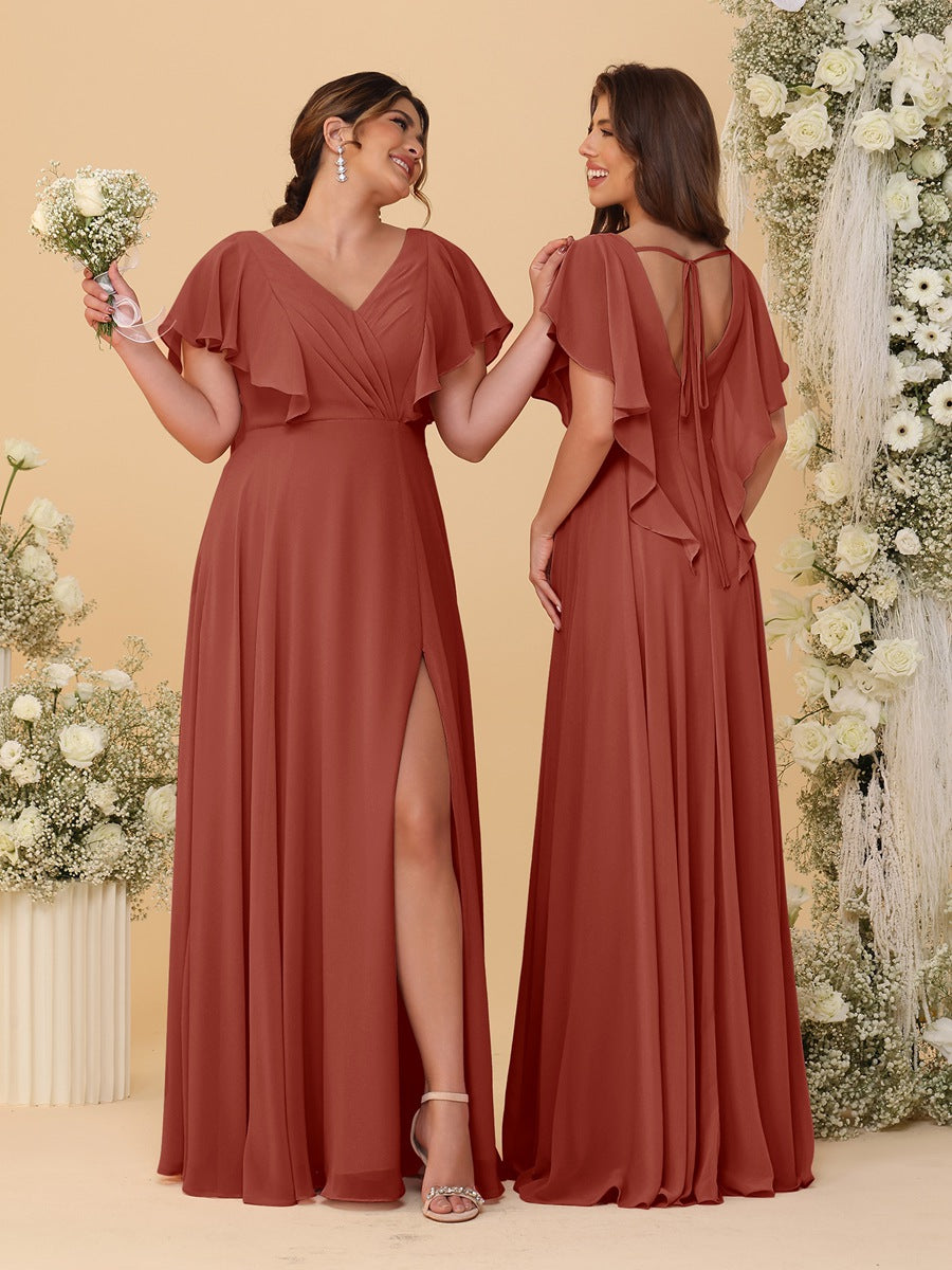 A-Line/Princess V-Neck Short Sleeves Floor-Length Ruched Bridesmaid Dresses With Side Slit Rust