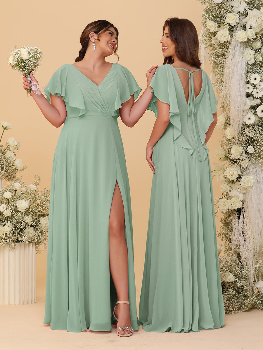 A-Line/Princess V-Neck Short Sleeves Floor-Length Ruched Bridesmaid Dresses With Side Slit Sage