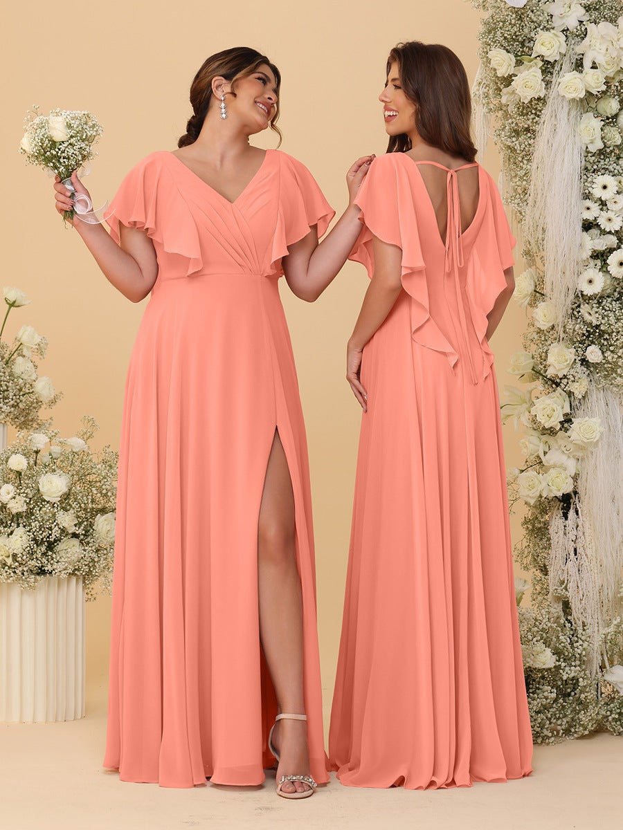 A-Line/Princess V-Neck Short Sleeves Floor-Length Ruched Bridesmaid Dresses With Side Slit Salmon