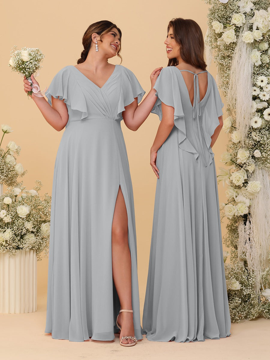 A-Line/Princess V-Neck Short Sleeves Floor-Length Ruched Bridesmaid Dresses With Side Slit Silver
