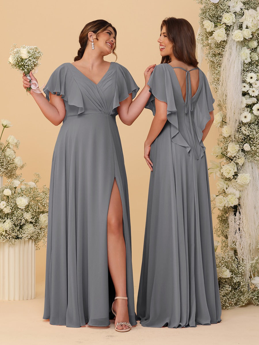 A-Line/Princess V-Neck Short Sleeves Floor-Length Ruched Bridesmaid Dresses With Side Slit Silver Gray