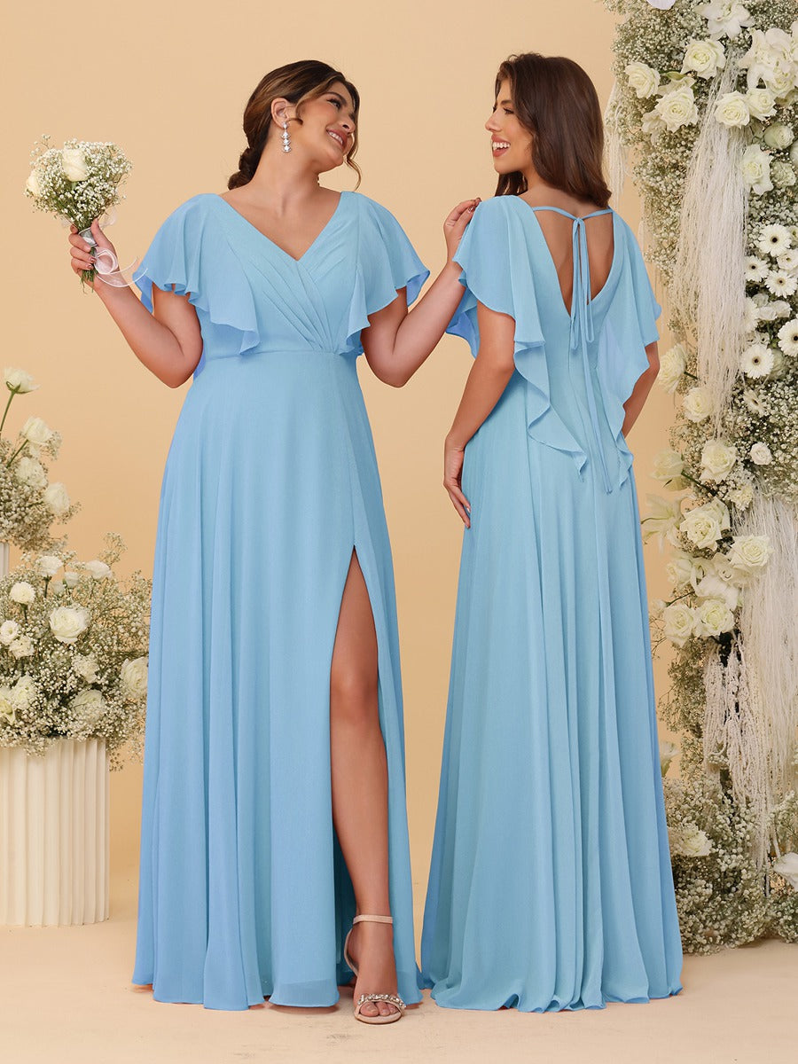 A-Line/Princess V-Neck Short Sleeves Floor-Length Ruched Bridesmaid Dresses With Side Slit Sky Blue