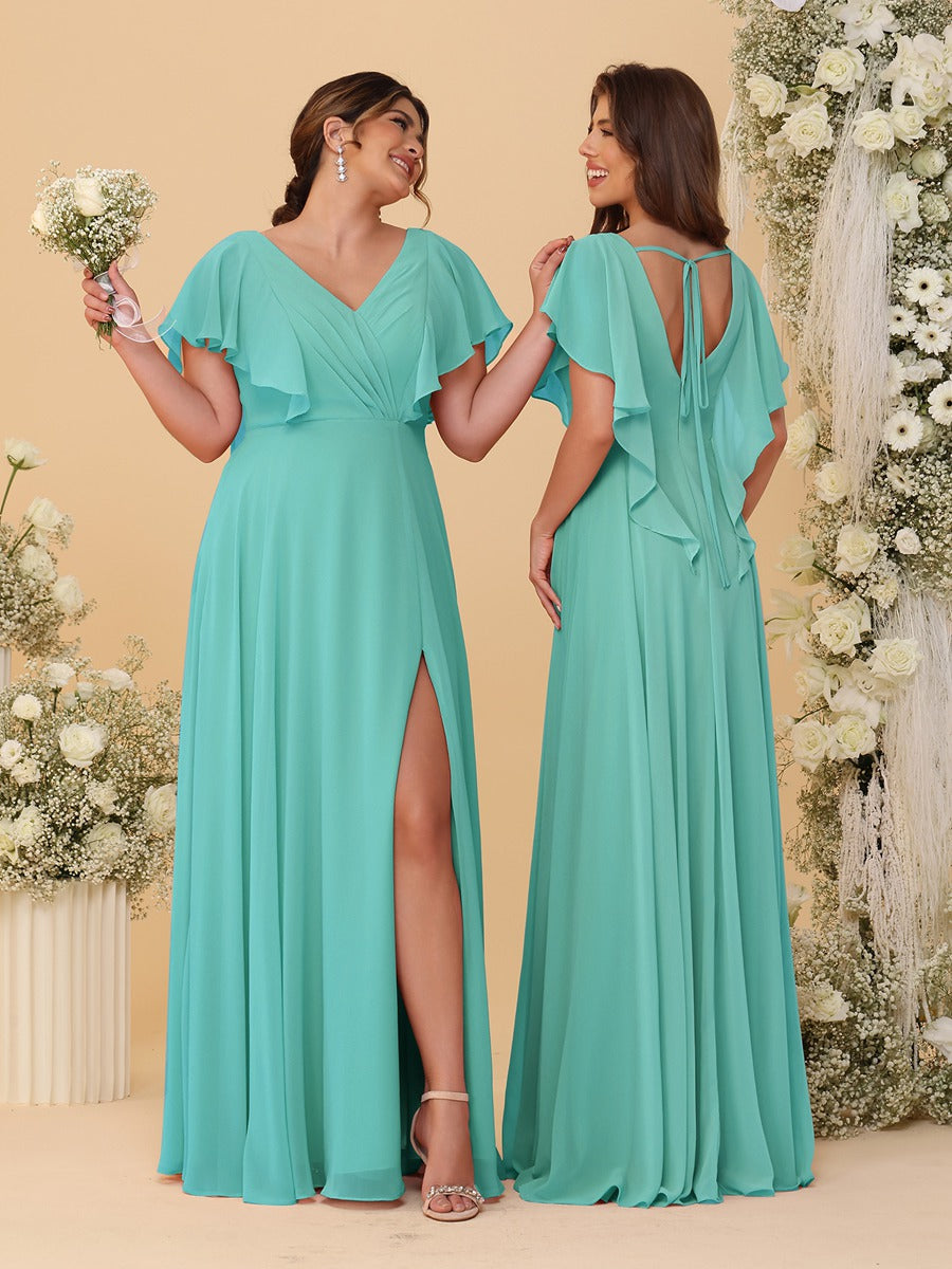 A-Line/Princess V-Neck Short Sleeves Floor-Length Ruched Bridesmaid Dresses With Side Slit Spa