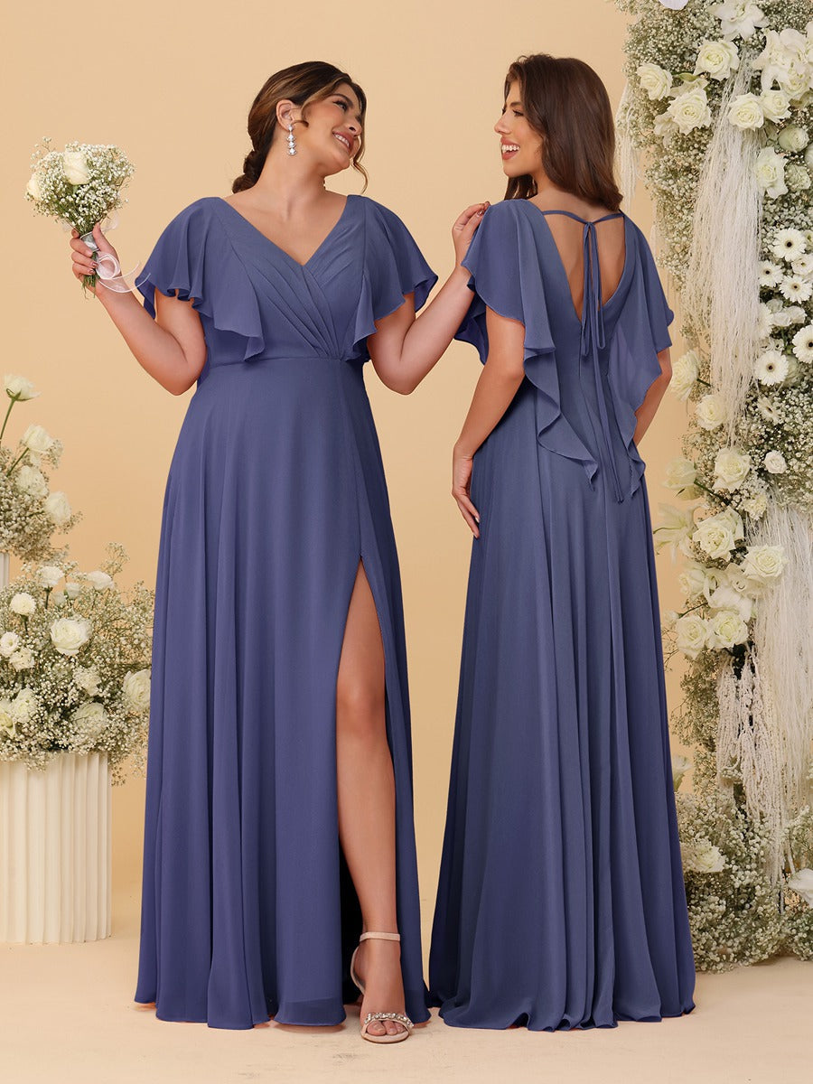 A-Line/Princess V-Neck Short Sleeves Floor-Length Ruched Bridesmaid Dresses With Side Slit Stormy Blue