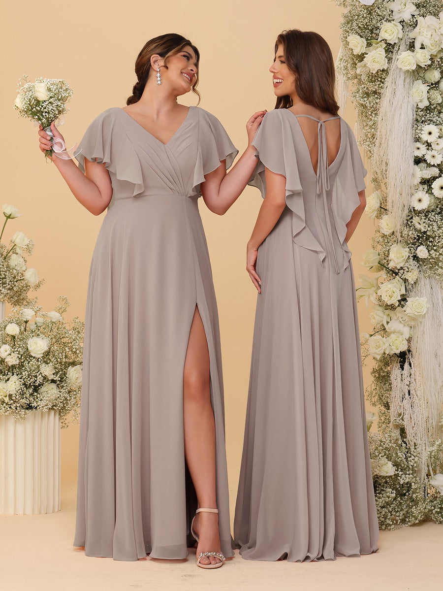 A-Line/Princess V-Neck Short Sleeves Floor-Length Ruched Bridesmaid Dresses With Side Slit Taupe