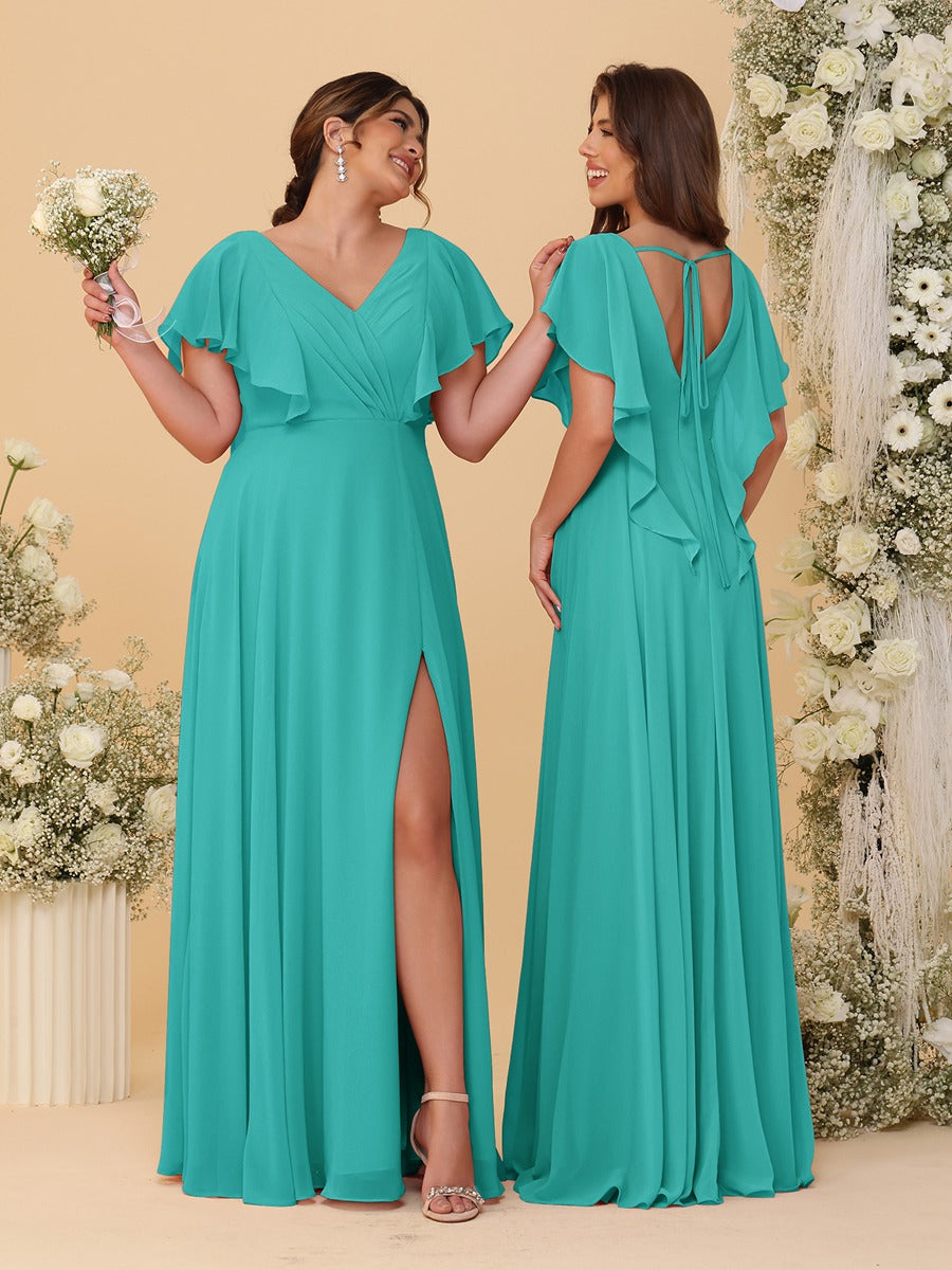 A-Line/Princess V-Neck Short Sleeves Floor-Length Ruched Bridesmaid Dresses With Side Slit Turquoise