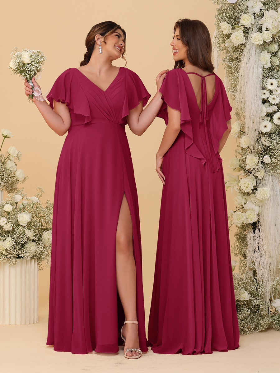 A-Line/Princess V-Neck Short Sleeves Floor-Length Ruched Bridesmaid Dresses With Side Slit Wine Red
