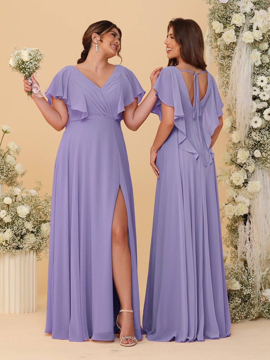 A-Line/Princess V-Neck Short Sleeves Floor-Length Ruched Bridesmaid Dresses With Side Slit Wisteria