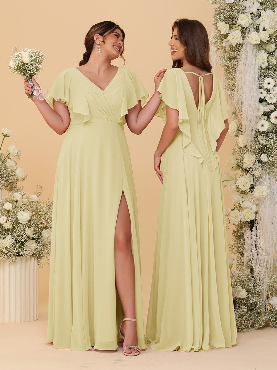 A-Line/Princess V-Neck Short Sleeves Floor-Length Ruched Bridesmaid Dresses With Side Slit Yellow