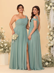 A-Line/Princess One-Shoulder Sleeveless Floor-Length Ruched Bridesmaid Dresses With Side Slit