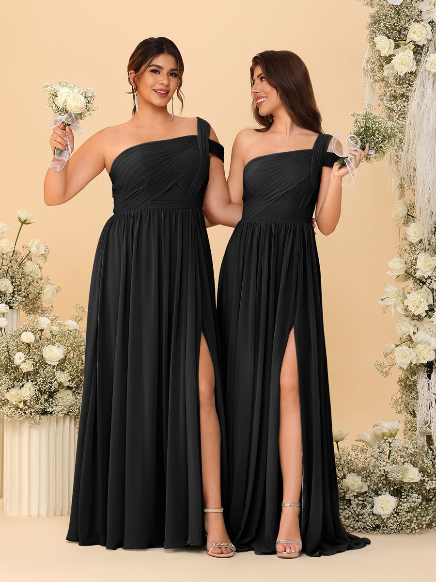 A-Line/Princess One-Shoulder Sleeveless Floor-Length Ruched Bridesmaid Dresses With Side Slit Black