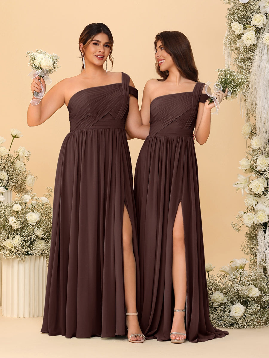 A-Line/Princess One-Shoulder Sleeveless Floor-Length Ruched Bridesmaid Dresses With Side Slit Brown