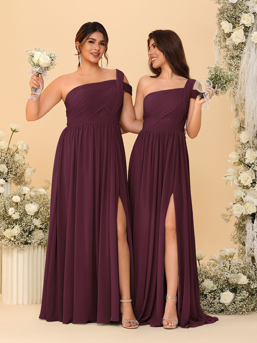 A-Line/Princess One-Shoulder Sleeveless Floor-Length Ruched Bridesmaid Dresses With Side Slit Burgundy